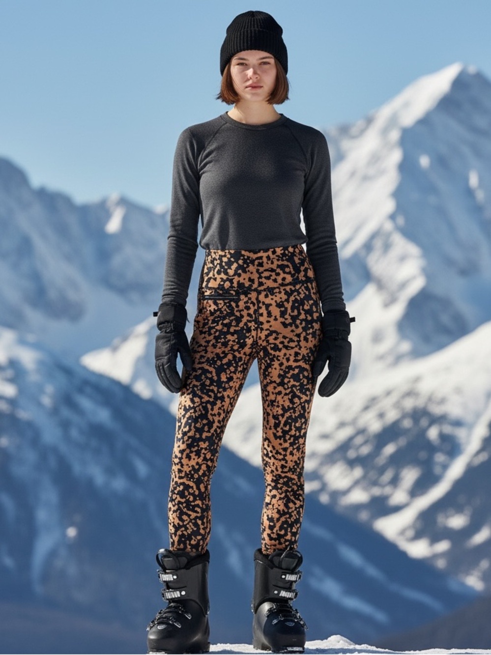 Erin‎ Snow Peri Leggings Women's Sz M Brown Black Ski Gorpcore Animal Print
